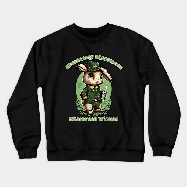 Bunny Kisses Shamrock Wishes - St Patricks Day Bunny Crewneck Sweatshirt by RailoImage